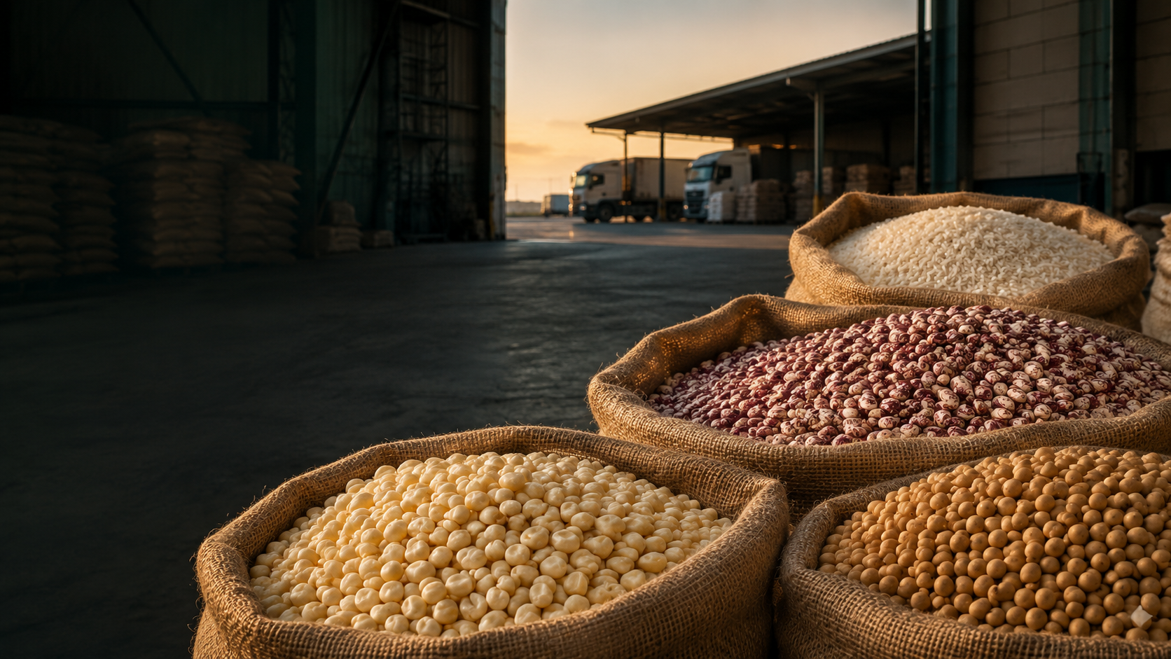 Sacks of staple commodities at a regional warehouse